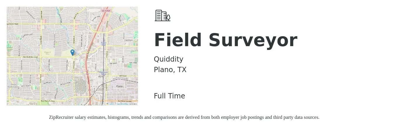 Quiddity job posting for a Field Surveyor in Plano, TX with a salary of $50,200 to $87,600 Yearly with a map of Plano location.