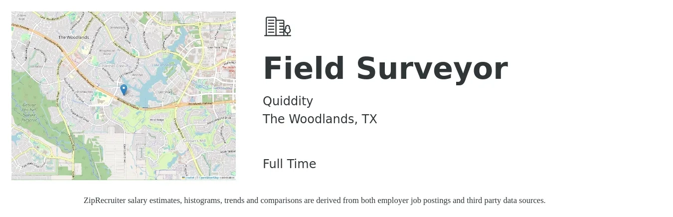 Quiddity job posting for a Field Surveyor in The Woodlands, TX with a salary of $46,900 to $81,700 Yearly with a map of The Woodlands location.