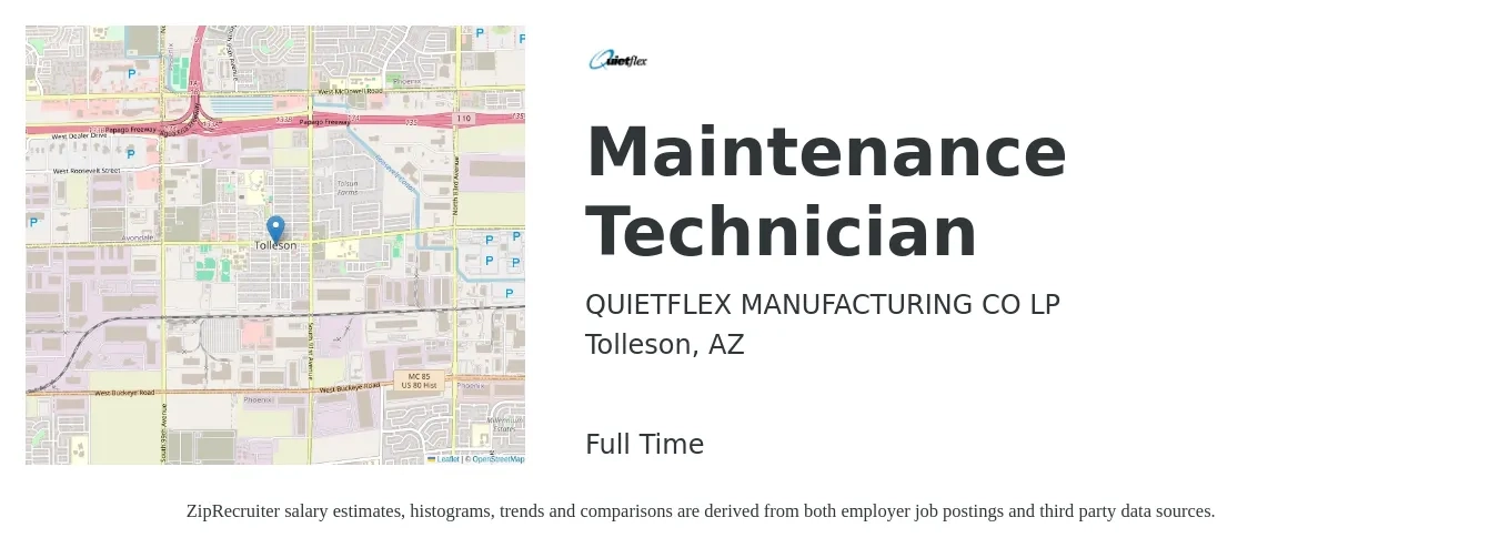 QUIETFLEX MANUFACTURING CO LP job posting for a Maintenance Technician in Tolleson, AZ with a salary of $19 to $26 Hourly with a map of Tolleson location.