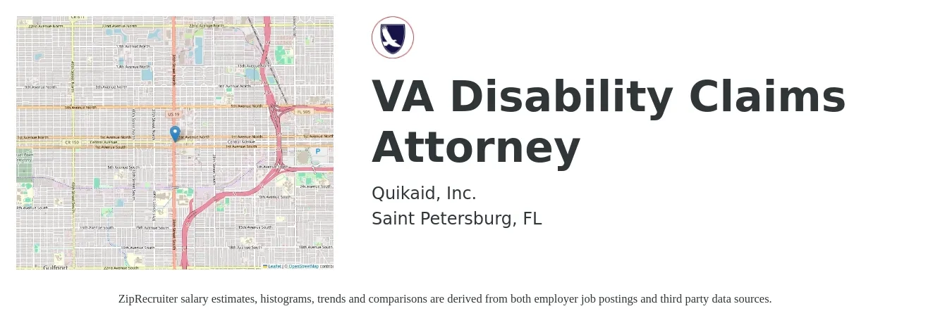 Quikaid, Inc. job posting for a VA Disability Claims Attorney in Saint Petersburg, FL with a salary of $69,000 to $103,100 Yearly with a map of Saint Petersburg location.