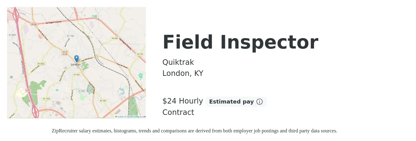 Quiktrak job posting for a Field Inspector in London, KY with a salary of $25 Hourly with a map of London location.