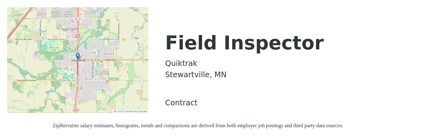 Quiktrak job posting for a Field Inspector in Stewartville, MN with a salary of $25 Hourly with a map of Stewartville location.