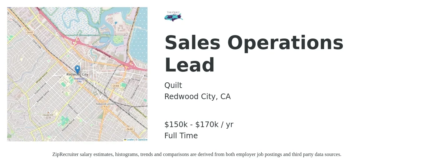 Quilt job posting for a Sales Operations Lead in Redwood City, CA with a salary of $150,000 to $170,000 Yearly with a map of Redwood City location.