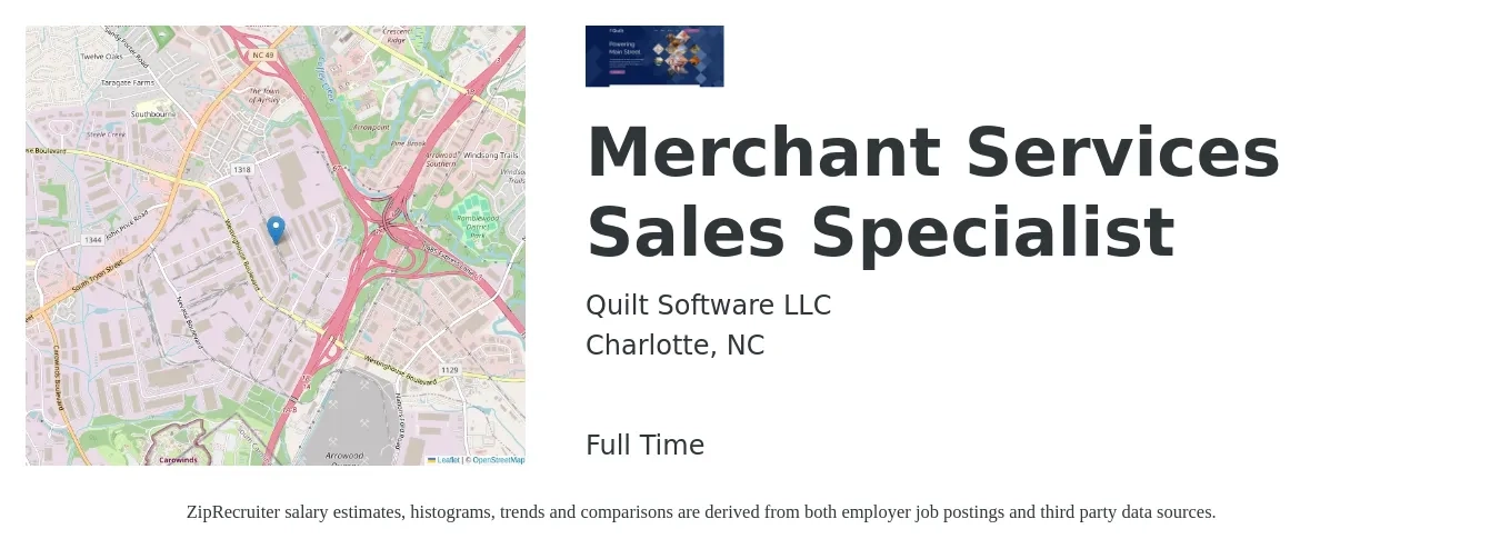 Quilt Software LLC job posting for a Merchant Services Sales Specialist in Charlotte, NC with a salary of $44,900 to $74,700 Yearly with a map of Charlotte location.