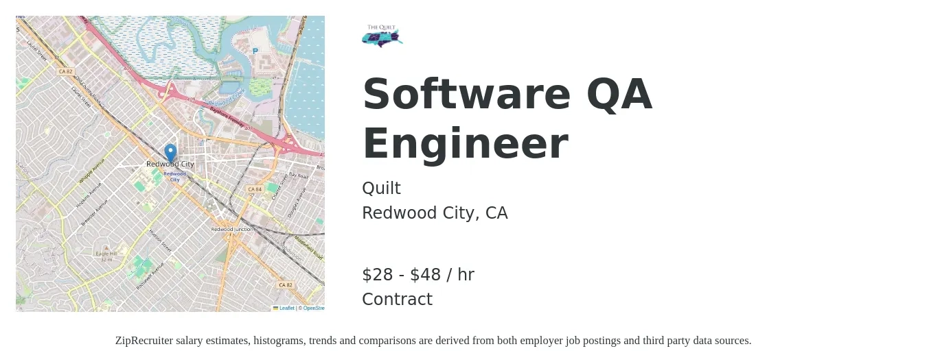 Quilt job posting for a Software QA Engineer in Redwood City, CA with a salary of $30 to $50 Hourly with a map of Redwood City location.