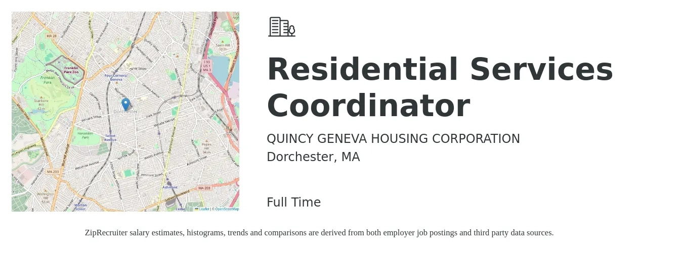 QUINCY GENEVA HOUSING CORPORATION job posting for a Residential Services Coordinator in Dorchester, MA with a salary of $20 to $26 Hourly with a map of Dorchester location.