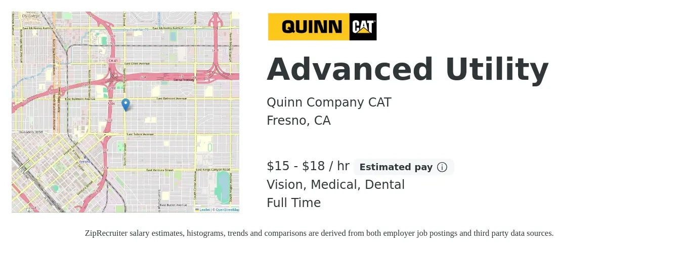 Quinn Company CAT job posting for a Advanced Utility in Fresno, CA with a salary of $16 to $19 Hourly and benefits including pto, retirement, vision, dental, life_insurance, and medical with a map of Fresno location.