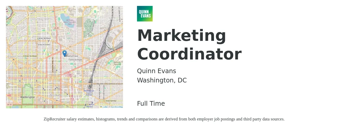 Quinn Evans job posting for a Marketing Coordinator in Washington, DC with a salary of $48,100 to $66,300 Yearly with a map of Washington location.