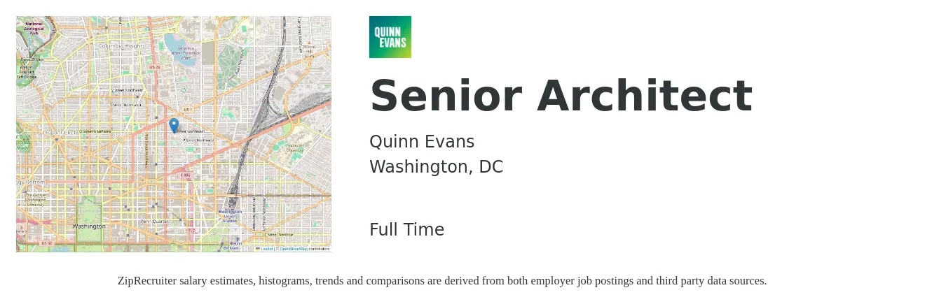 Quinn Evans job posting for a Senior Architect in Washington, DC with a salary of $112,700 to $160,300 Yearly with a map of Washington location.