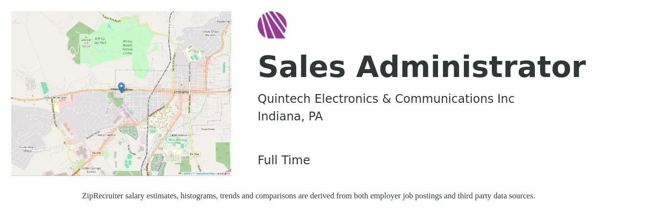 Quintech Electronics & Communications Inc job posting for a Sales Administrator in Indiana, PA with a salary of $18 to $25 Hourly with a map of Indiana location.