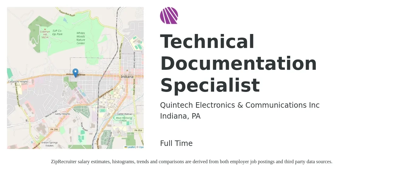 Quintech Electronics & Communications Inc job posting for a Technical Documentation Specialist in Indiana, PA with a salary of $20 to $36 Hourly with a map of Indiana location.