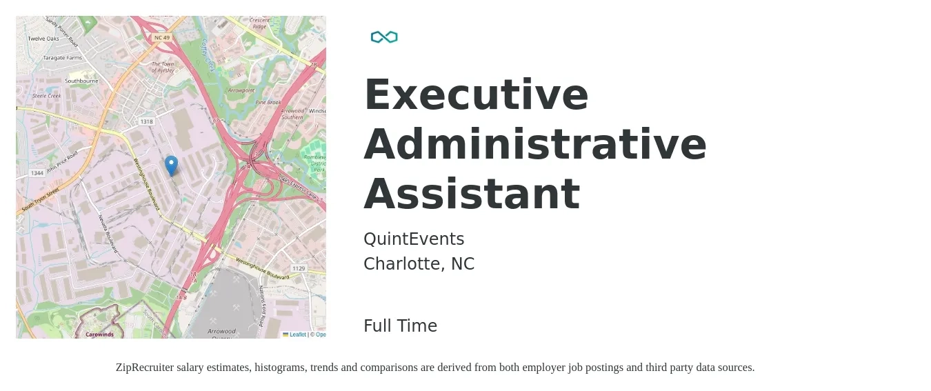 QuintEvents job posting for a Executive Administrative Assistant in Charlotte, NC with a salary of $21 to $33 Hourly with a map of Charlotte location.