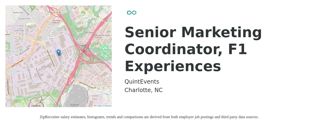 QuintEvents job posting for a Senior Marketing Coordinator, F1 Experiences in Charlotte, NC with a salary of $43,900 to $74,200 Yearly with a map of Charlotte location.