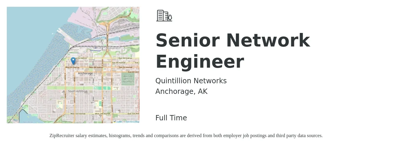 Quintillion Networks job posting for a Senior Network Engineer in Anchorage, AK with a salary of $106,200 to $145,500 Yearly with a map of Anchorage location.