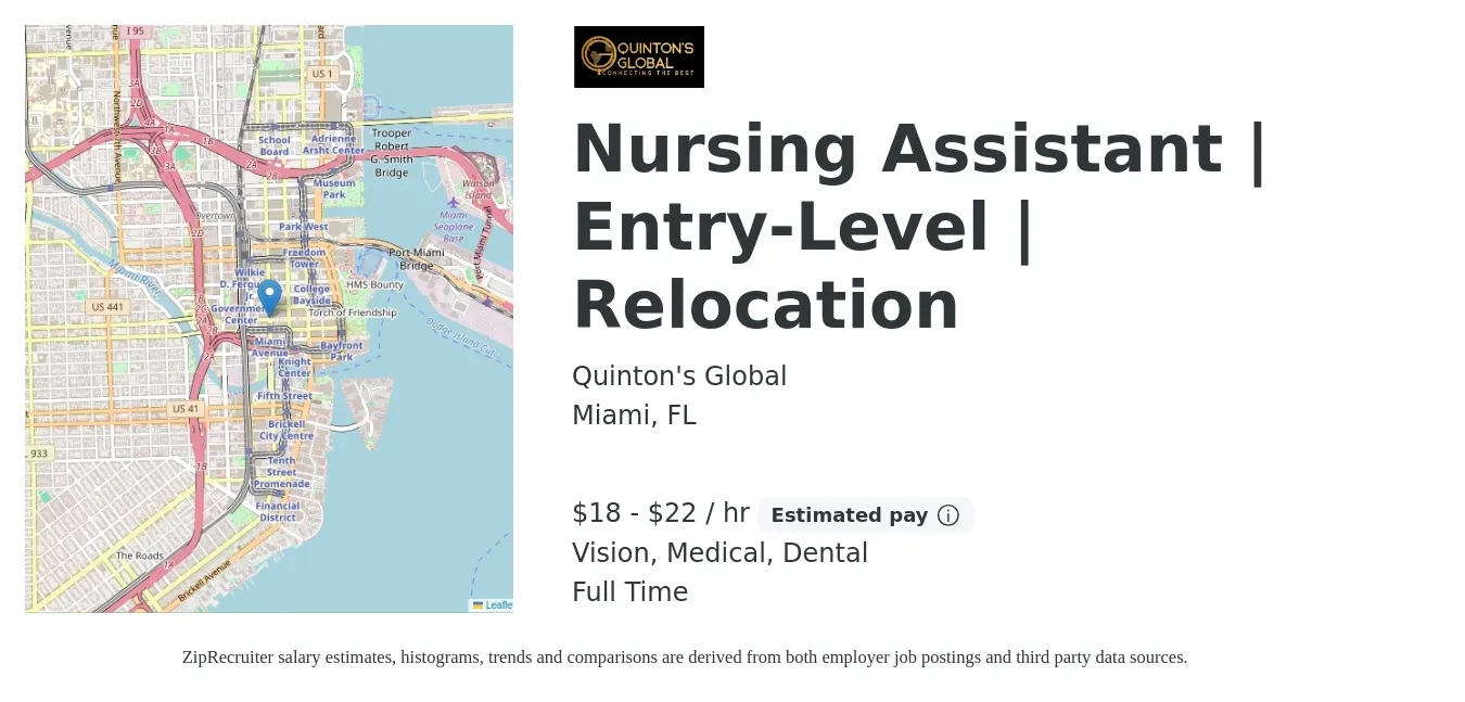 Quinton's Global job posting for a Nursing Assistant | Entry-Level | Relocation in Miami, FL with a salary of $19 to $23 Hourly and benefits including retirement, vision, dental, life_insurance, medical, and pto with a map of Miami location.