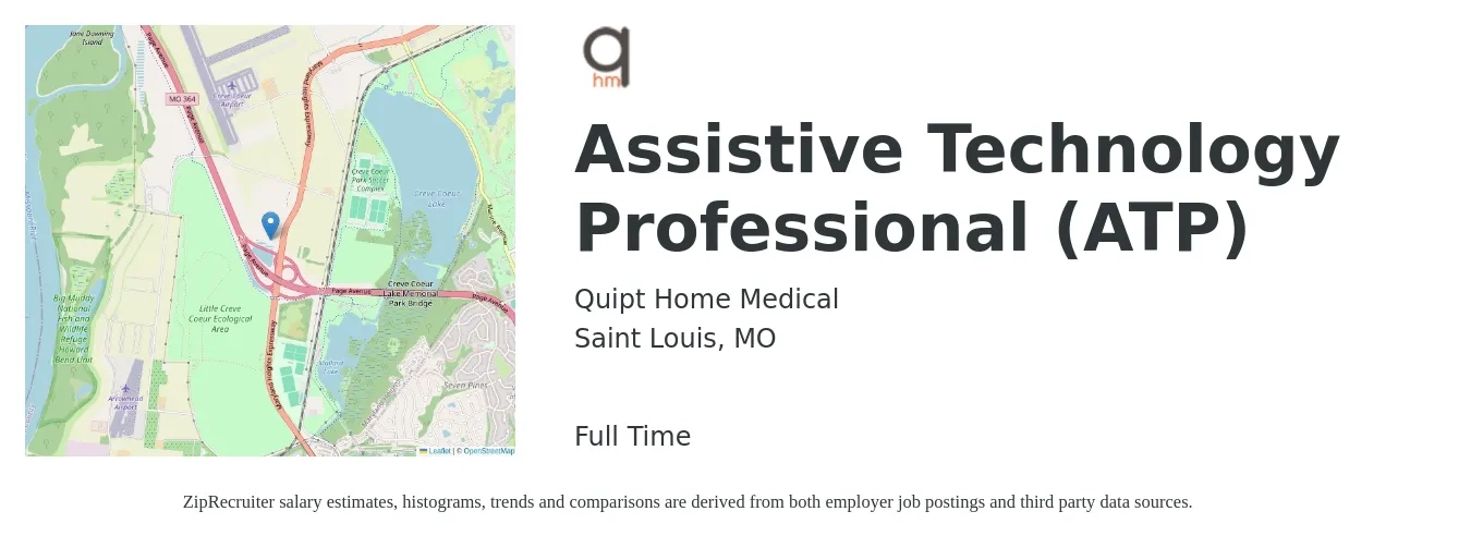 Quipt Home Medical job posting for a Assistive Technology Professional (ATP) in Saint Louis, MO with a salary of $39,800 to $57,100 Yearly with a map of Saint Louis location.