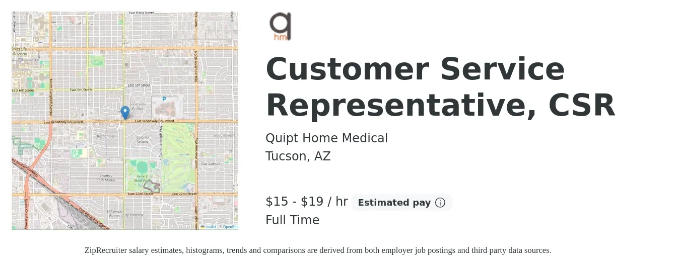 Quipt Home Medical job posting for a Customer Service Representative, CSR in Tucson, AZ with a salary of $16 to $20 Hourly with a map of Tucson location.