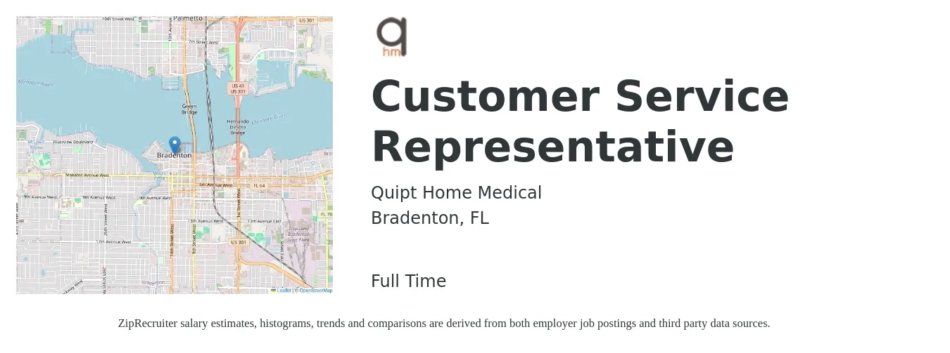 Quipt Home Medical job posting for a Customer Service Representative in Bradenton, FL with a salary of $14 to $20 Hourly with a map of Bradenton location.