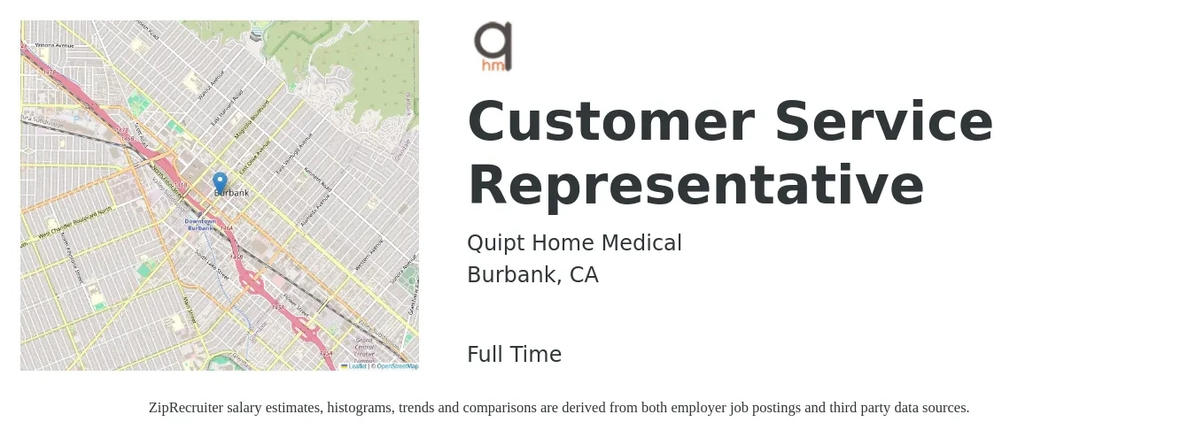 Quipt Home Medical job posting for a Customer Service Representative in Burbank, CA with a salary of $17 to $23 Hourly with a map of Burbank location.