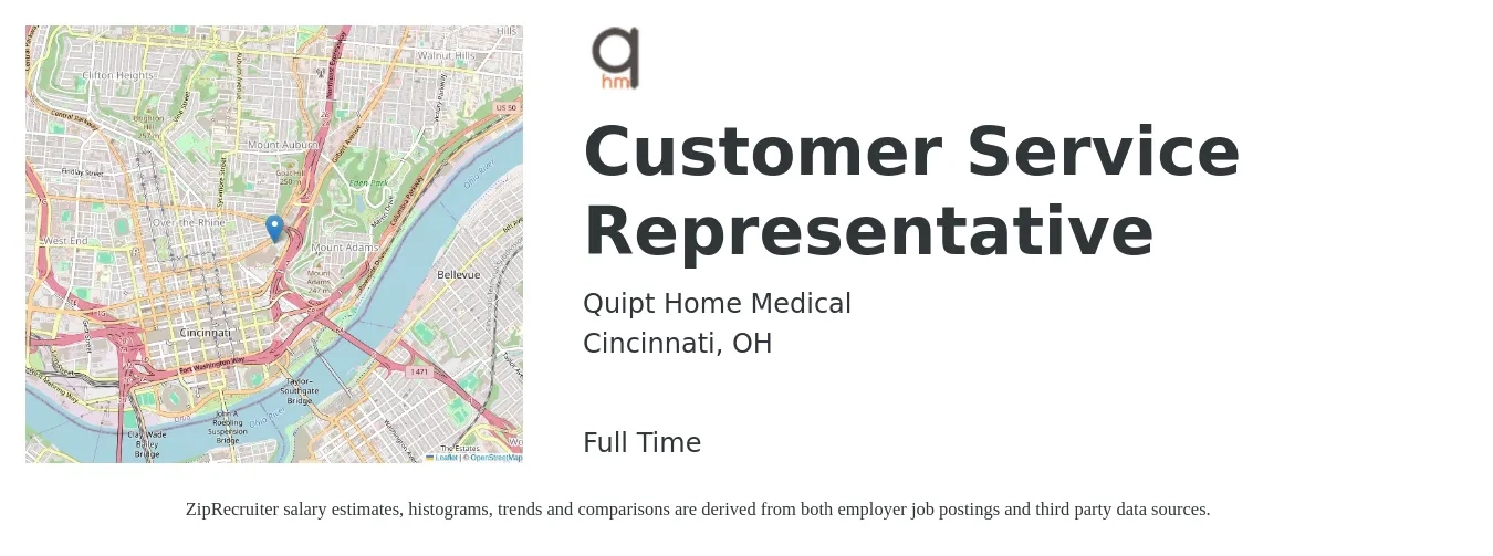 Quipt Home Medical job posting for a Customer Service Representative in Cincinnati, OH with a salary of $15 to $21 Hourly with a map of Cincinnati location.
