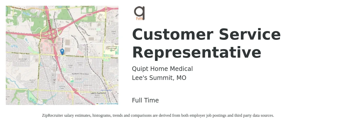 Quipt Home Medical job posting for a Customer Service Representative in Lee's Summit, MO with a salary of $16 to $21 Hourly with a map of Lee's Summit location.