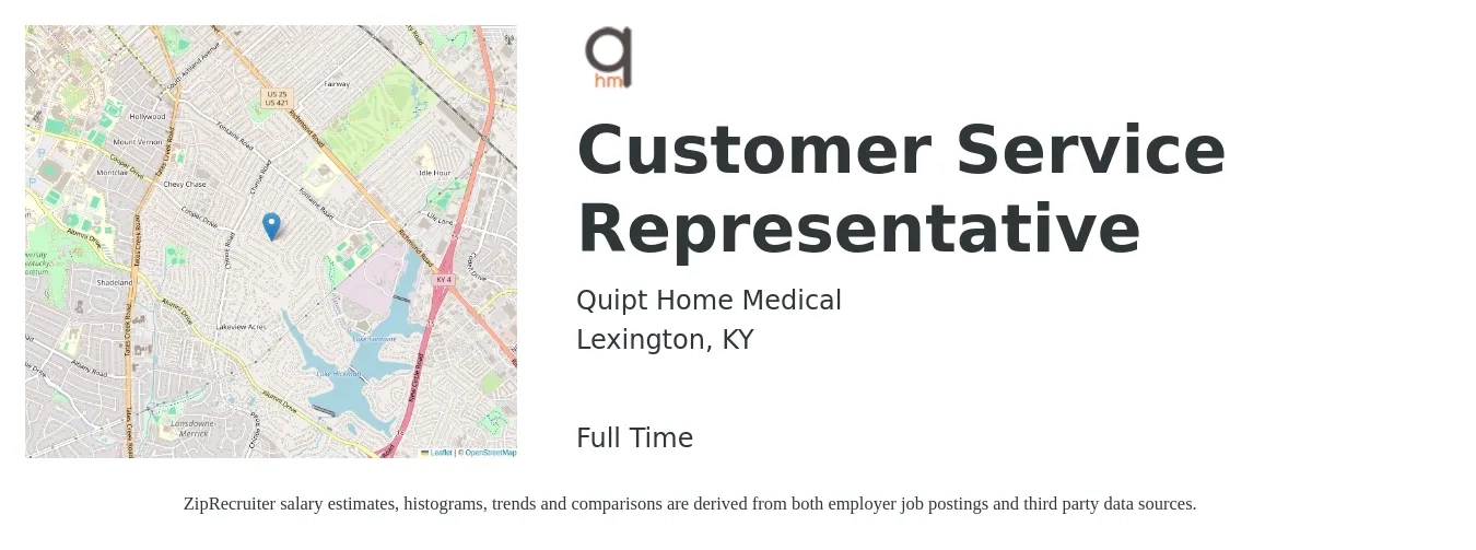 Quipt Home Medical job posting for a Customer Service Representative in Lexington, KY with a salary of $14 to $19 Hourly with a map of Lexington location.