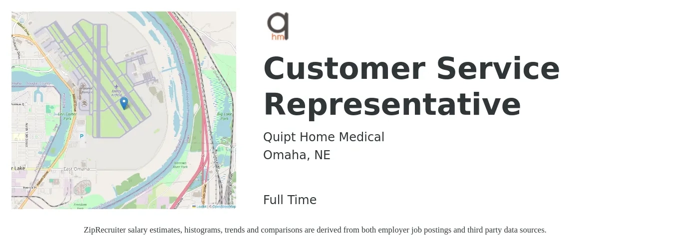 Quipt Home Medical job posting for a Customer Service Representative in Omaha, NE with a salary of $15 to $21 Hourly with a map of Omaha location.