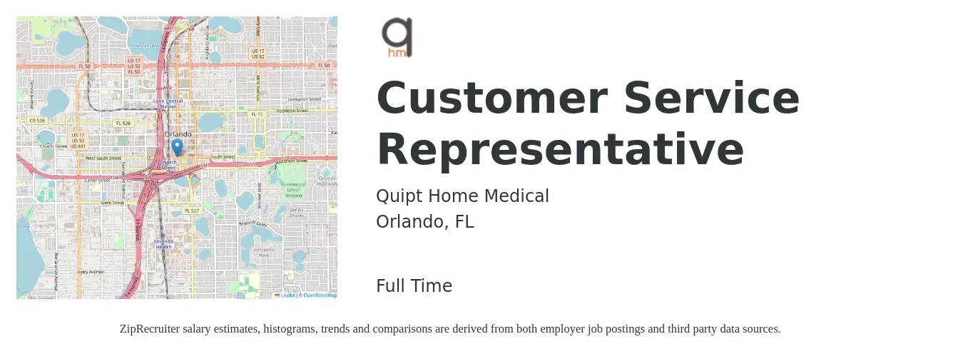 Quipt Home Medical job posting for a Customer Service Representative in Orlando, FL with a salary of $15 to $20 Hourly with a map of Orlando location.