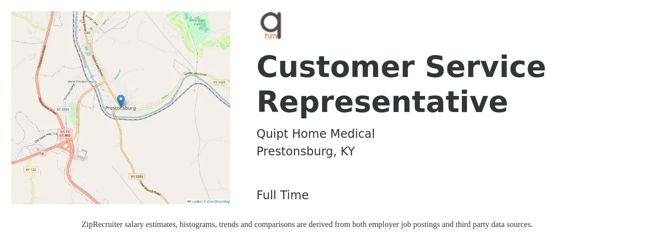 Quipt Home Medical job posting for a Customer Service Representative in Prestonsburg, KY with a salary of $17 to $23 Hourly and benefits including retirement, vision, dental, life_insurance, and medical with a map of Prestonsburg location.