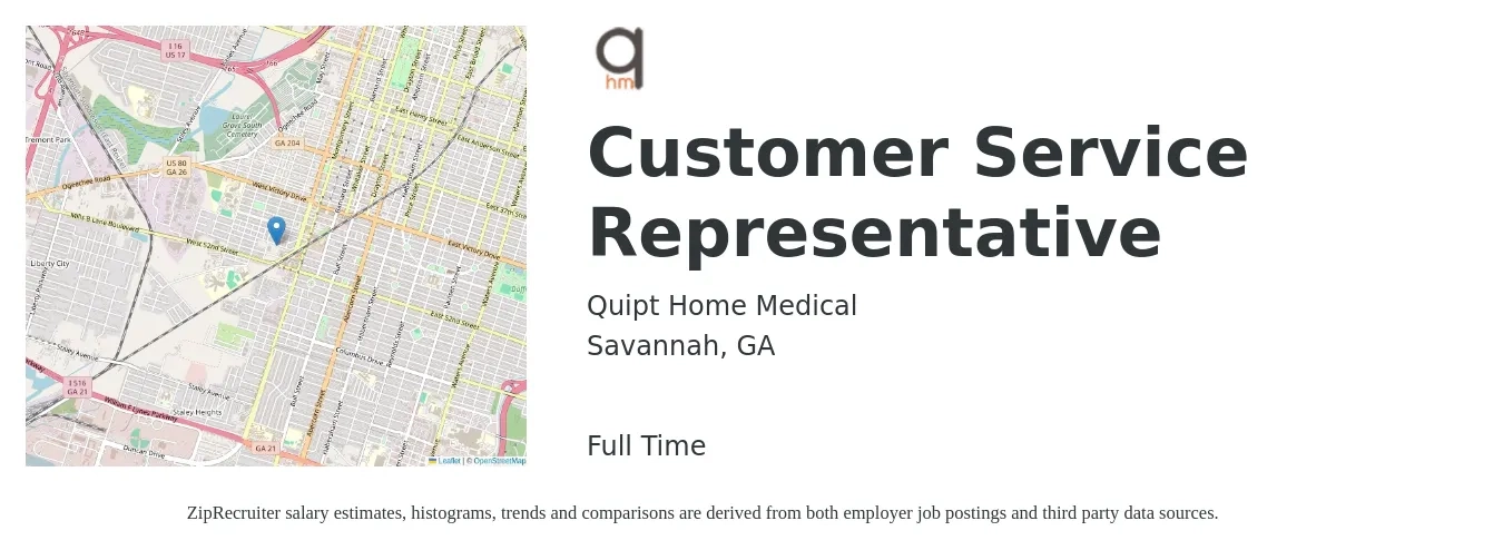Quipt Home Medical job posting for a Customer Service Representative in Savannah, GA with a salary of $15 to $20 Hourly with a map of Savannah location.
