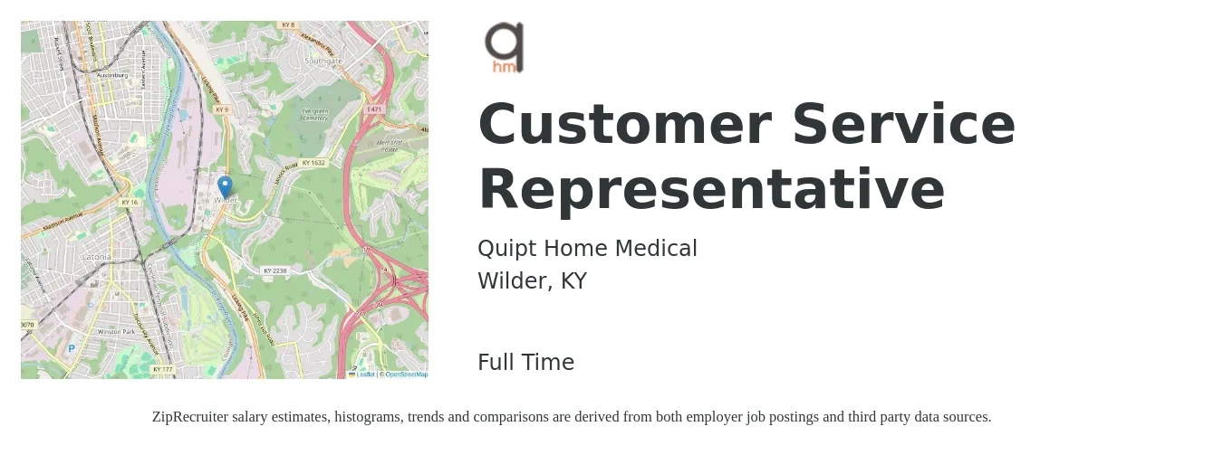 Quipt Home Medical job posting for a Customer Service Representative in Wilder, KY with a salary of $16 to $21 Hourly and benefits including dental, life_insurance, medical, retirement, and vision with a map of Wilder location.