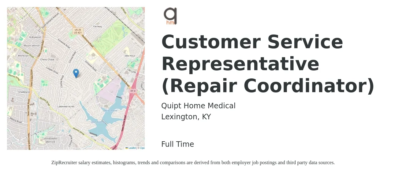 Quipt Home Medical job posting for a Customer Service Representative (Repair Coordinator) in Lexington, KY with a salary of $14 to $18 Hourly with a map of Lexington location.