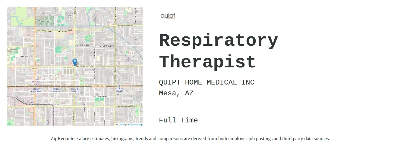 Quipt Home Medical job posting for a Respiratory Therapist in Mesa, AZ with a salary of $30 to $53 Hourly and benefits including Medical, Vision, Dental, PTO, Life, and Retirement with a map of Mesa location.