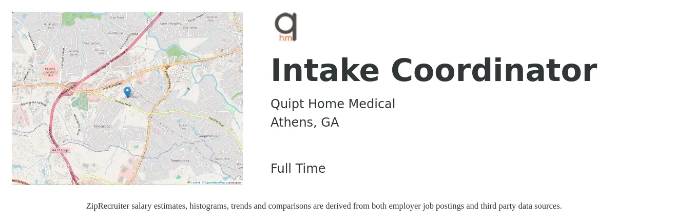 Quipt Home Medical job posting for a Intake Coordinator in Athens, GA with a salary of $16 to $21 Hourly with a map of Athens location.