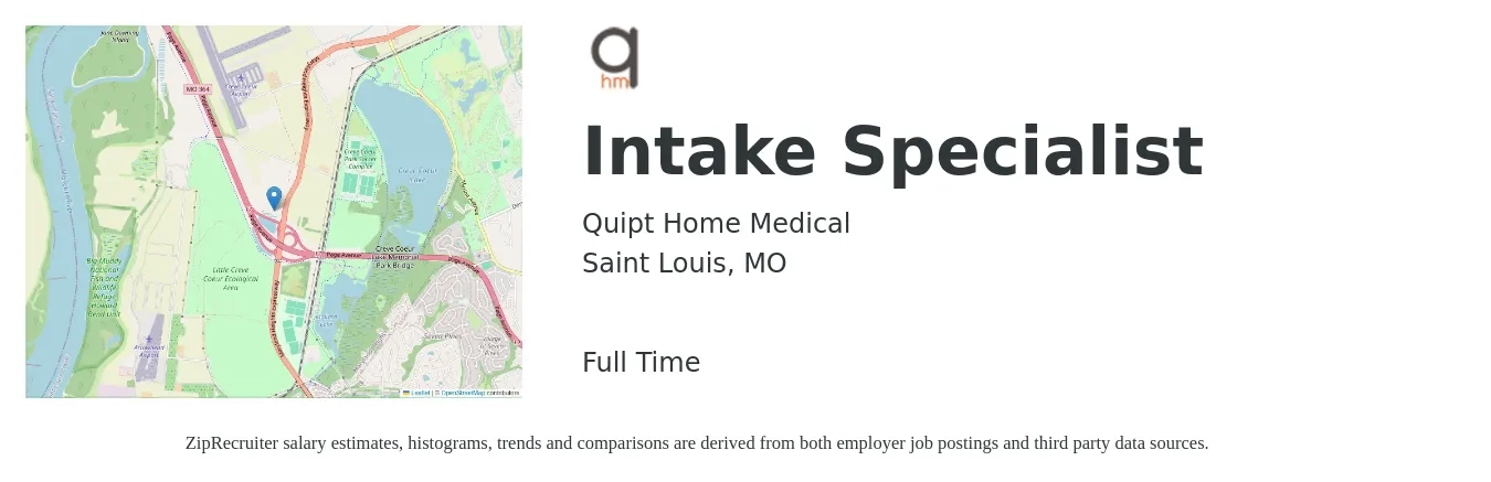 Quipt Home Medical job posting for a Intake Specialist in Saint Louis, MO with a salary of $16 to $22 Hourly with a map of Saint Louis location.