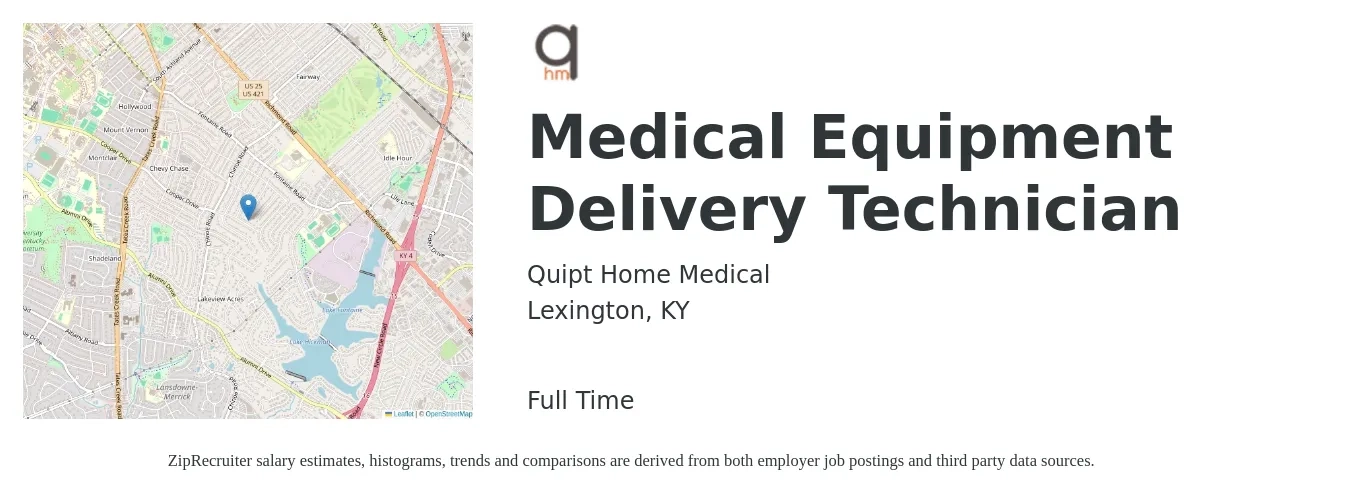 Quipt Home Medical job posting for a Medical Equipment Delivery Technician in Lexington, KY with a salary of $14 to $17 Hourly with a map of Lexington location.