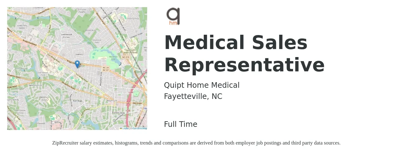Quipt Home Medical job posting for a Medical Sales Representative in Fayetteville, NC with a salary of $50,500 to $96,000 Yearly with a map of Fayetteville location.