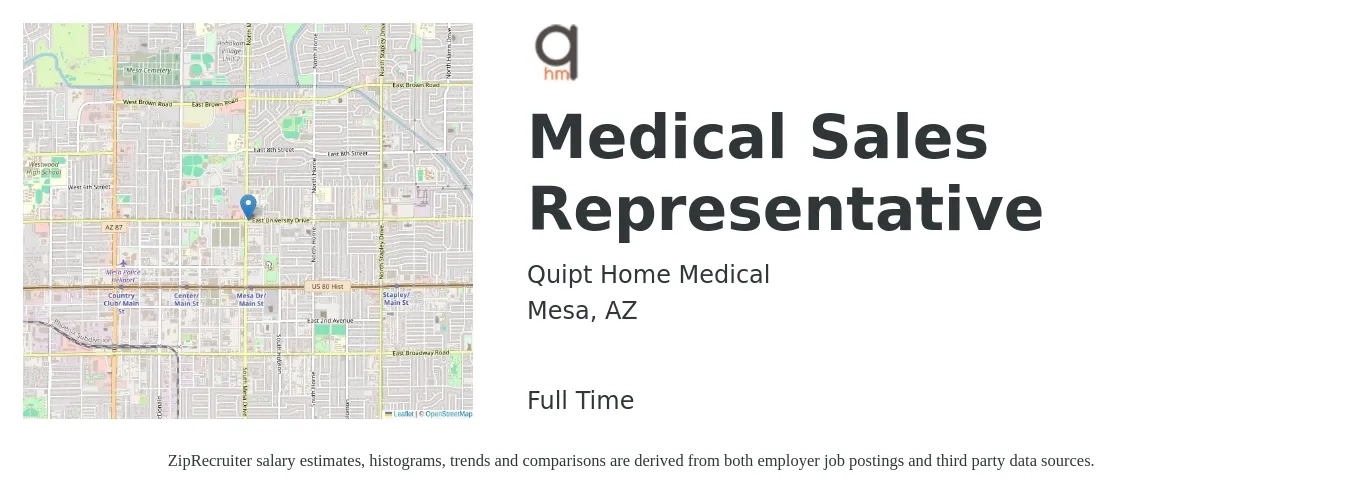 Quipt Home Medical job posting for a Medical Sales Representative in Mesa, AZ with a salary of $54,600 to $103,700 Yearly with a map of Mesa location.