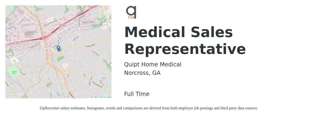 Quipt Home Medical job posting for a Medical Sales Representative in Norcross, GA with a salary of $51,600 to $98,000 Yearly with a map of Norcross location.