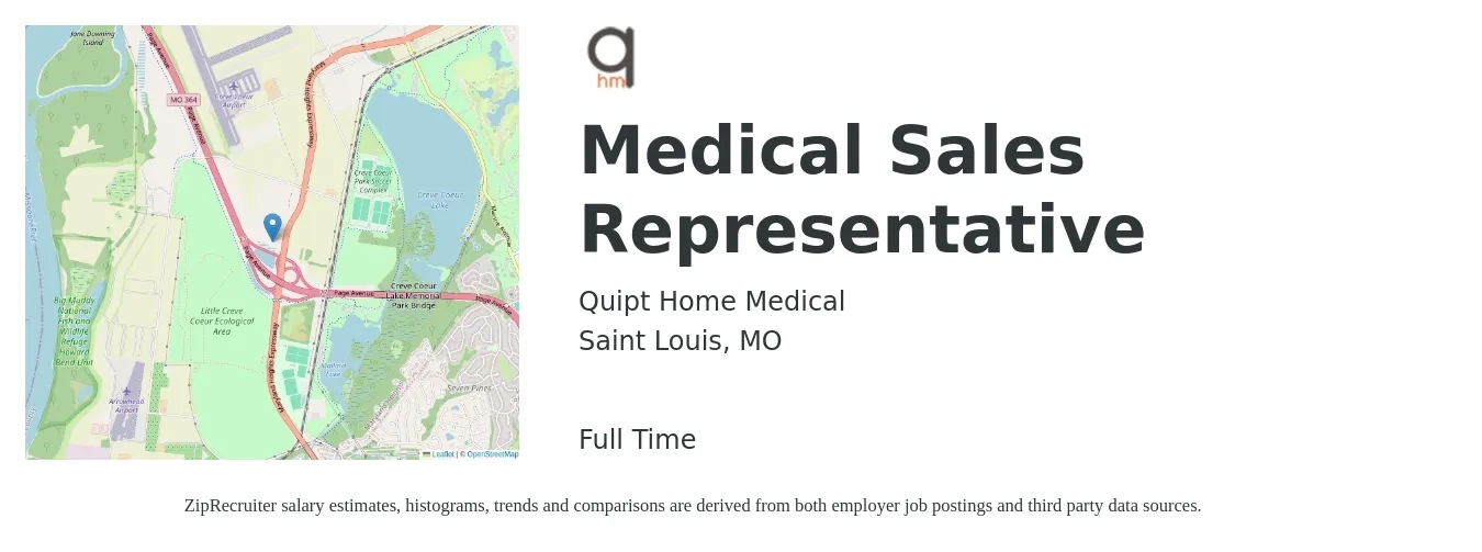 Quipt Home Medical job posting for a Medical Sales Representative in Saint Louis, MO with a salary of $51,500 to $97,800 Yearly with a map of Saint Louis location.