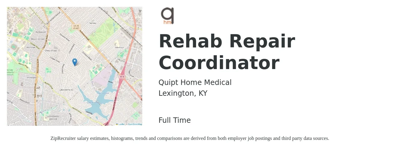 Quipt Home Medical job posting for a Rehab Repair Coordinator in Lexington, KY with a salary of $16 to $26 Hourly with a map of Lexington location.