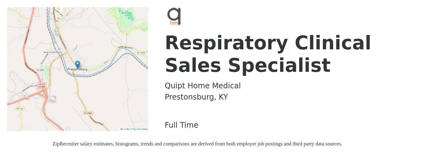 Quipt Home Medical job posting for a Respiratory Clinical Sales Specialist in Prestonsburg, KY with a salary of $34 to $60 Hourly with a map of Prestonsburg location.