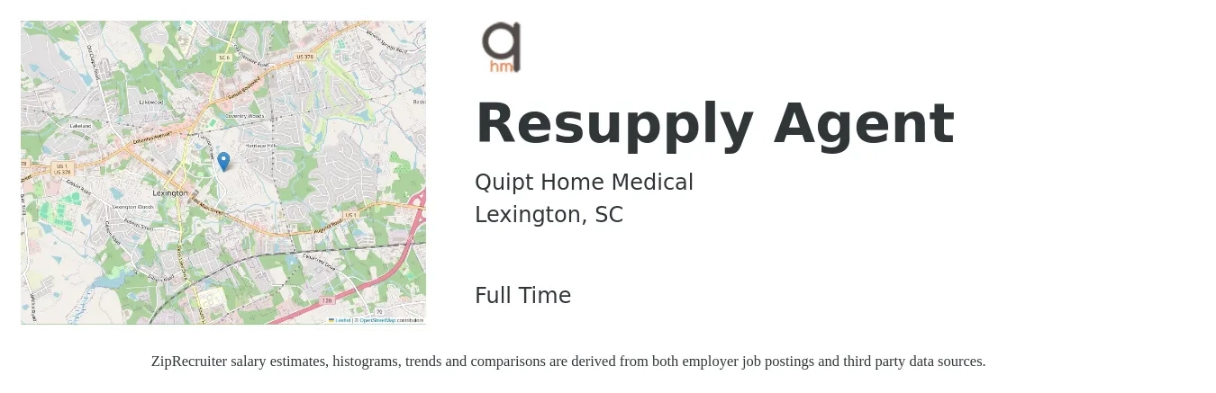 Quipt Home Medical job posting for a Resupply Agent in Lexington, SC with a salary of $18 to $27 Hourly with a map of Lexington location.