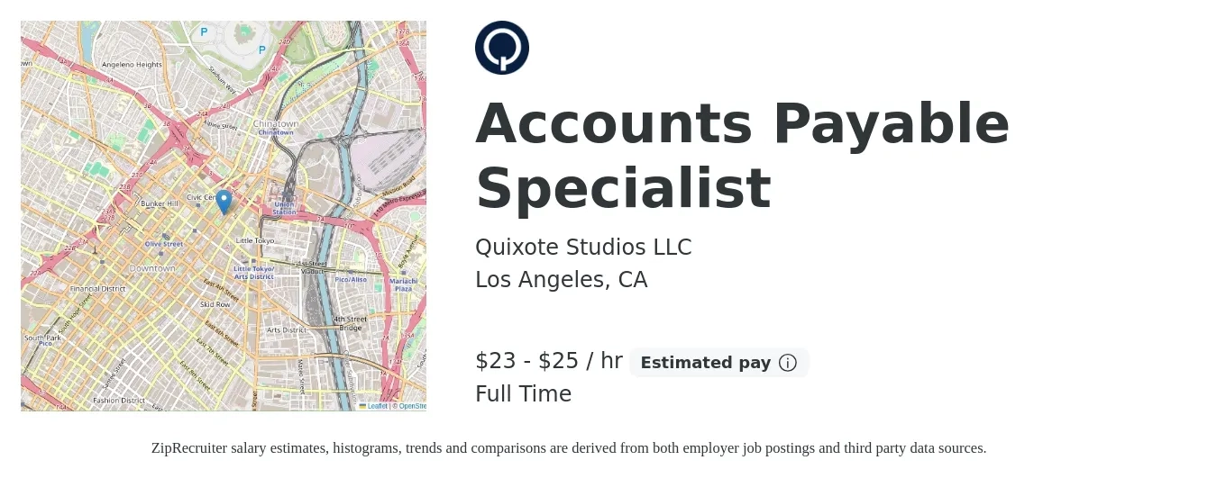 Quixote Studios LLC job posting for a Accounts Payable Specialist in Los Angeles, CA with a salary of $24 to $26 Hourly with a map of Los Angeles location.