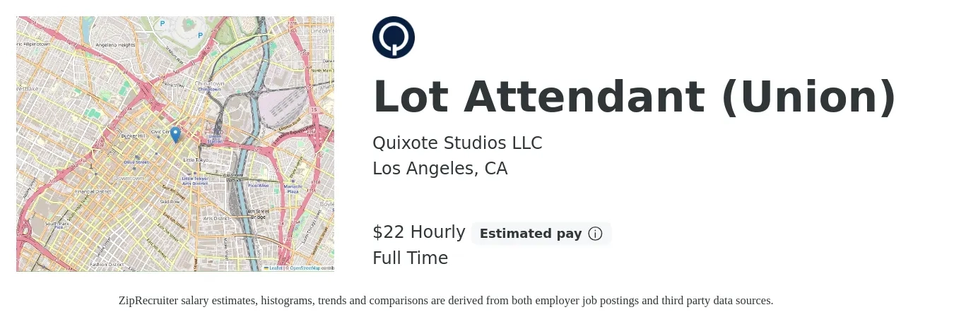 Quixote Studios LLC job posting for a Lot Attendant (Union) in Los Angeles, CA with a salary of $23 Hourly with a map of Los Angeles location.