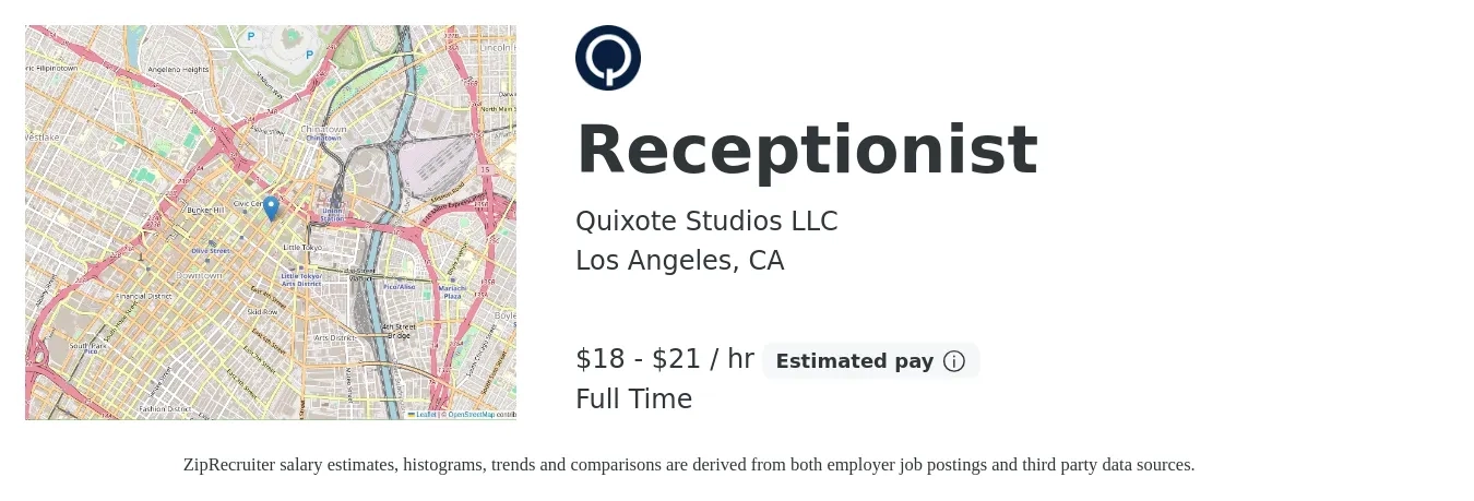Quixote Studios LLC job posting for a Receptionist in Los Angeles, CA with a salary of $20 to $22 Hourly with a map of Los Angeles location.