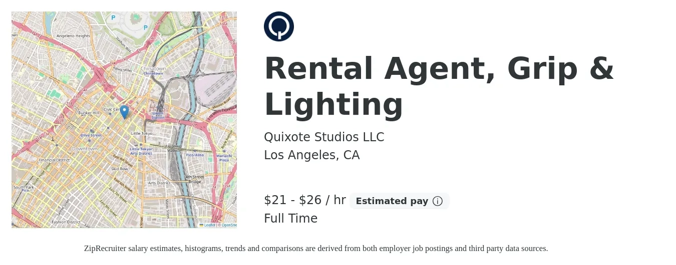 Quixote Studios LLC job posting for a Rental Agent, Grip & Lighting in Los Angeles, CA with a salary of $22 to $28 Hourly with a map of Los Angeles location.