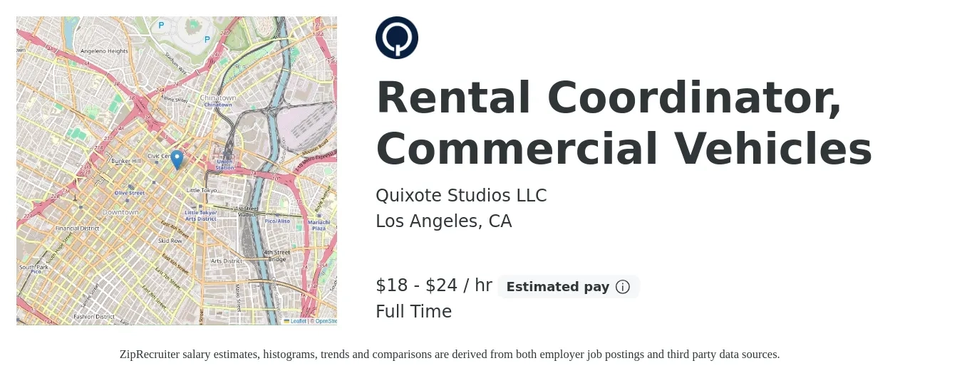 Quixote Studios LLC job posting for a Rental Coordinator, Commercial Vehicles in Los Angeles, CA with a salary of $19 to $25 Hourly with a map of Los Angeles location.