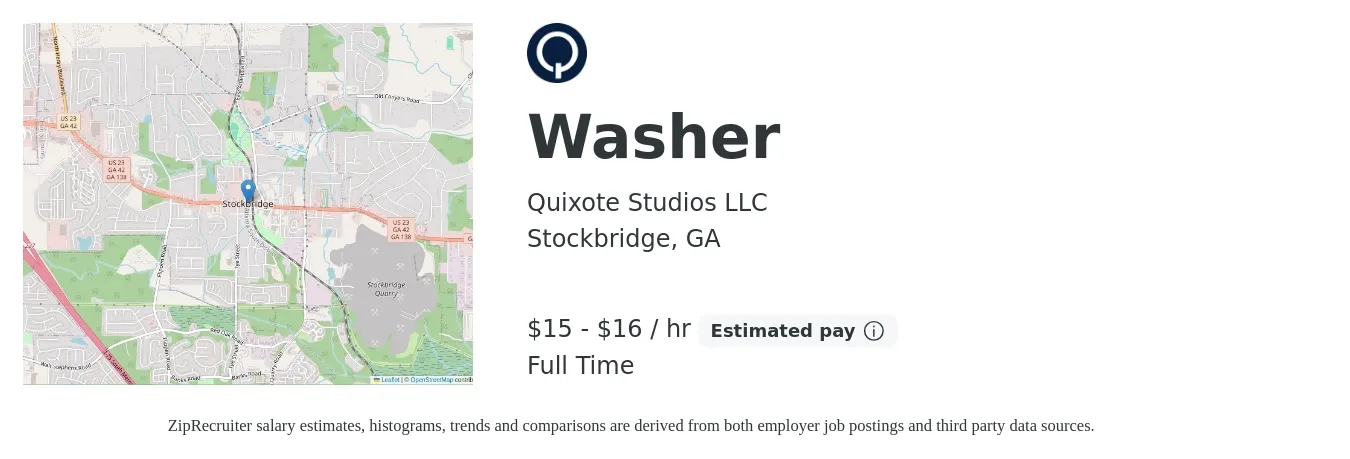 Quixote Studios LLC job posting for a Washer in Stockbridge, GA with a salary of $16 to $17 Hourly with a map of Stockbridge location.