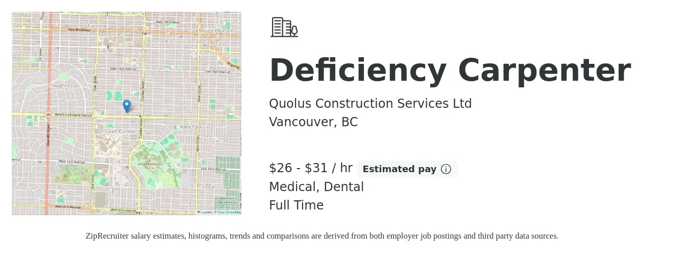 Quolus Construction Services Ltd job posting for a Deficiency Carpenter in Vancouver, BC with a salary of $28 to $33 Hourly and benefits including life_insurance, medical, pto, and dental with a map of Vancouver location.